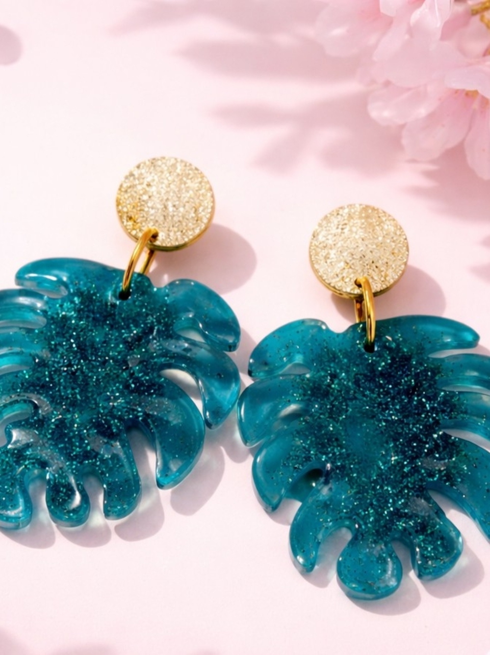 Gold & Teal Resin Leaf Drop Earrings - Women's Jewelry